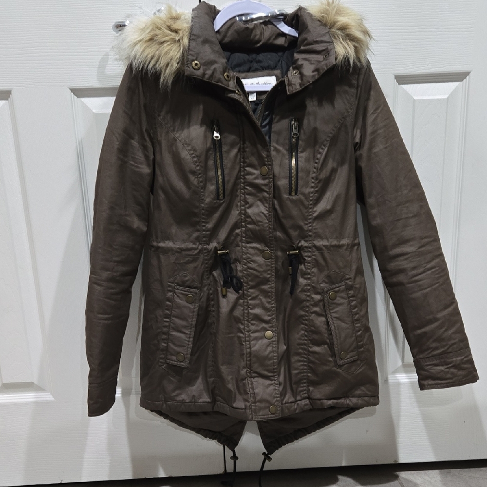 Women's Brown Lebby Collection Jacket with Removable Faux Fur Hood